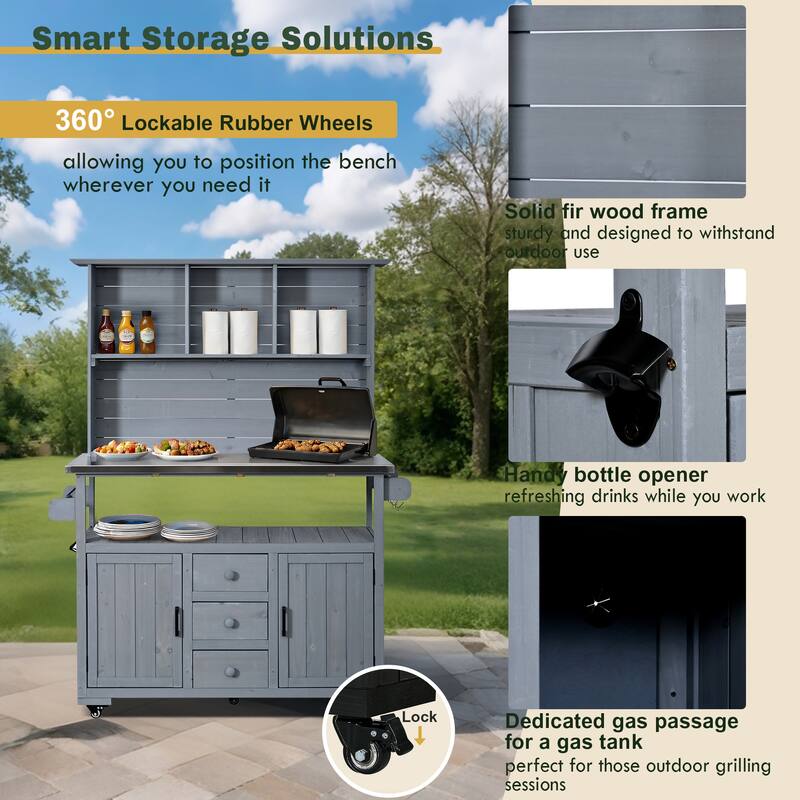 65" Outdoor Potting Bench with Stainless Steel Top, Rolling Garden Workstation with Hutch & Storage