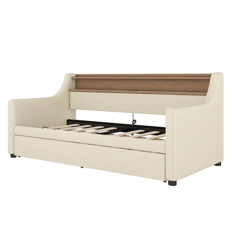 Twin Size Daybed with Trundle, Upholstered Daybed with Charging Station and LED Lights