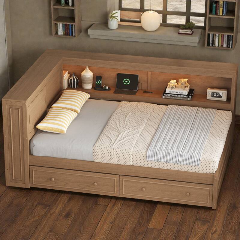 Full Size Wood Daybed with Storage Shelves and 2 Drawers, LED Light, USB Charging Station, Solid Wood Frame