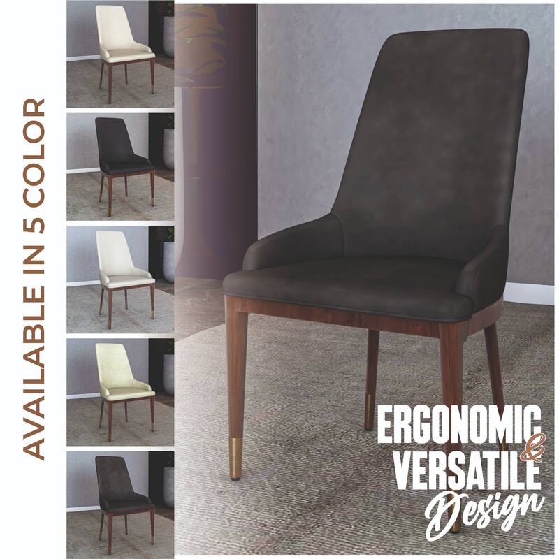 Dining Chair Upholstered in Leather with Rubberwood Frame Set of 2 Side Chair High Back and Gold Accent Legs