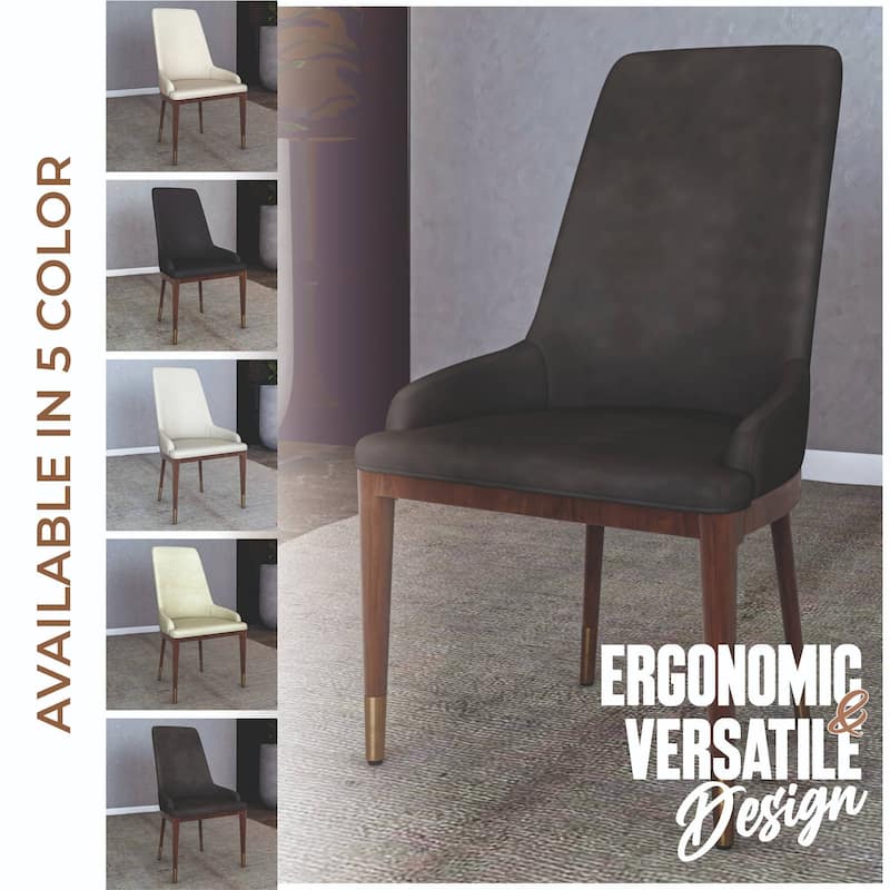 Dining Chair Upholstered in Leather with Rubberwood Frame Set of 4 Side Chair High Back and Gold Accent Legs