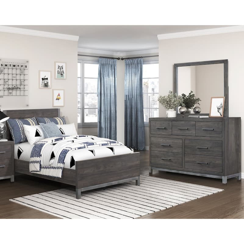 3pc Bedroom Furniture Brown Gray Finish Panel Bed Dresser Mirror Set