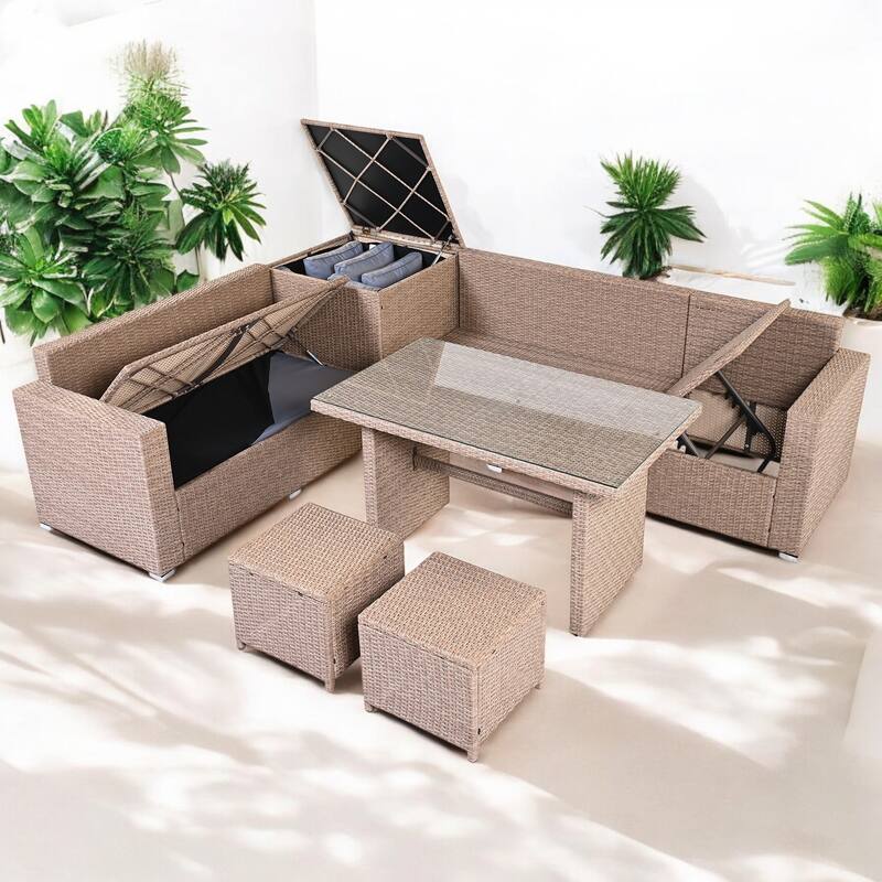 6-Piece Outdoor All-Weather PE Rattan Sofa Set with Adjustable Seating, and Glass Table for Patio, Garden, or Backyard