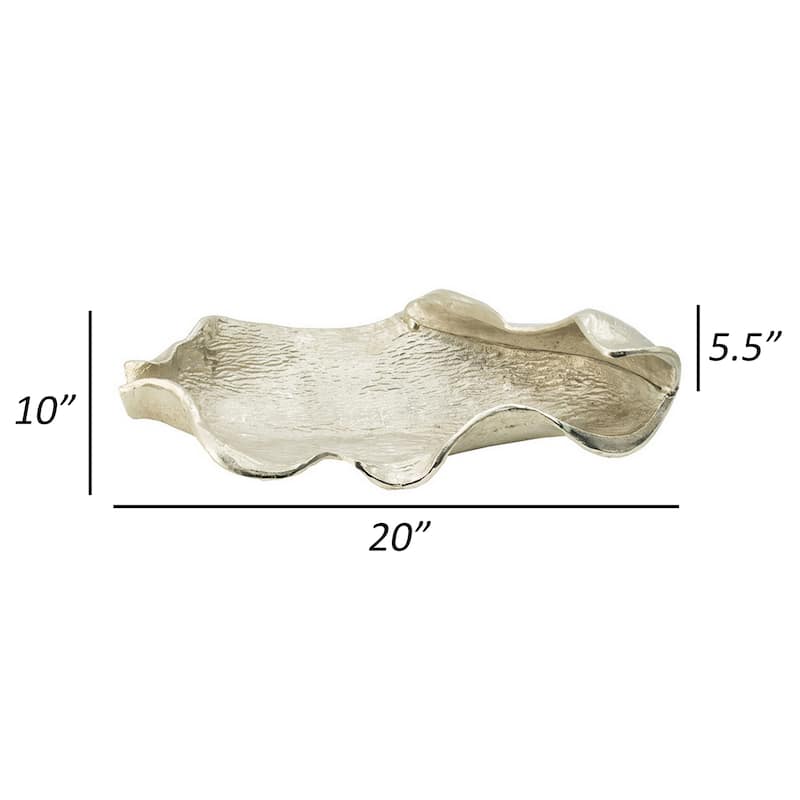 20 Inch Decorative Platter, Aluminum, Leaf Design, Bright Nickel Finish