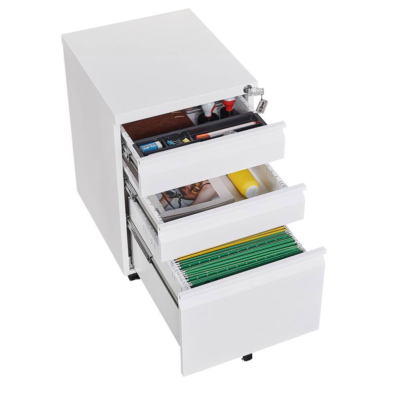 Modern Mobile File Cabinet, Stylish File Cabinet with 3 Drawers, 5 Casters and Lock, for Offices and Studies, White