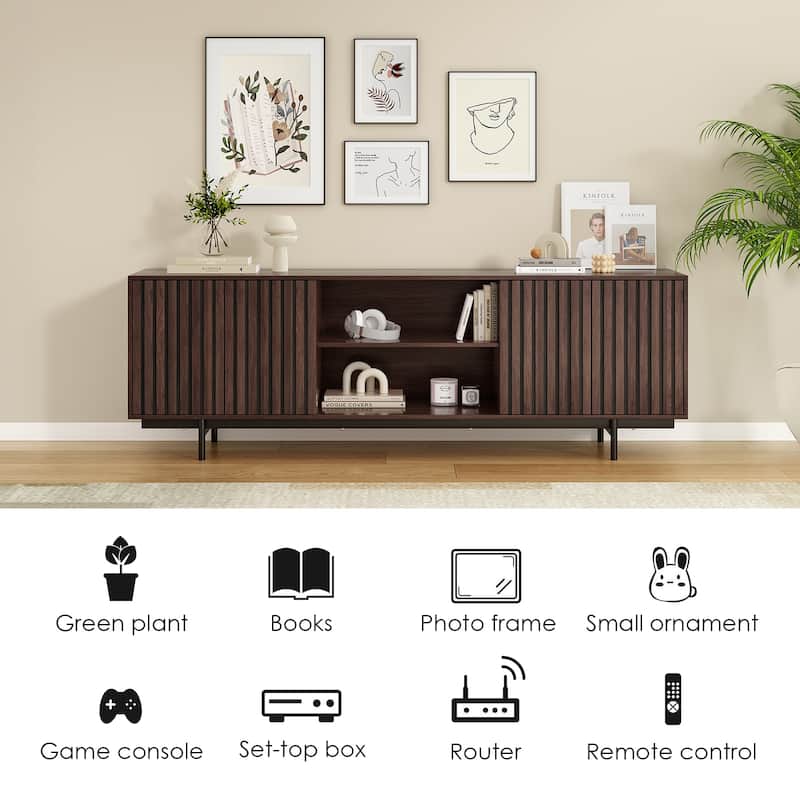 Mid Century Modern TV Stand for TVs Up to 75", Farmhouse Fluted TV Stand, Retro Wood TV Stand with Storage and Shelf