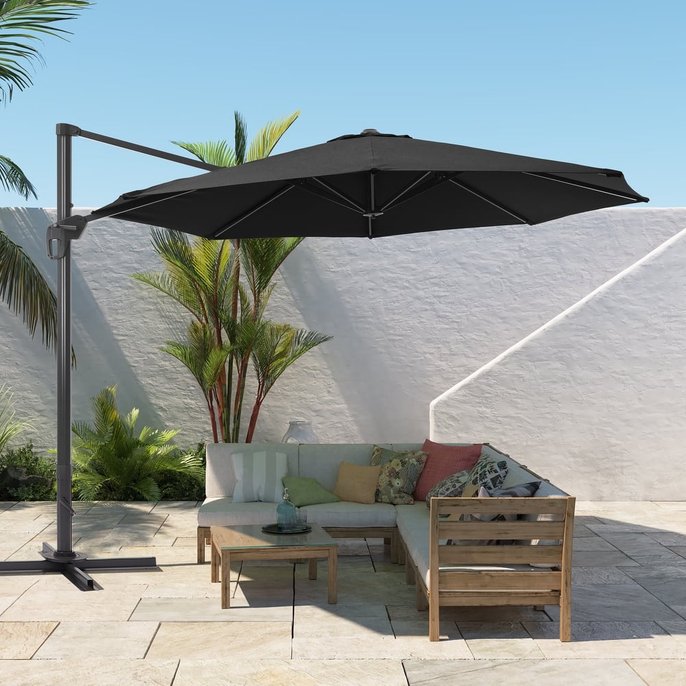 BONOSUKI 11FT LED Cantilever Patio Umbrella 360 Rotation w/Cross Base
