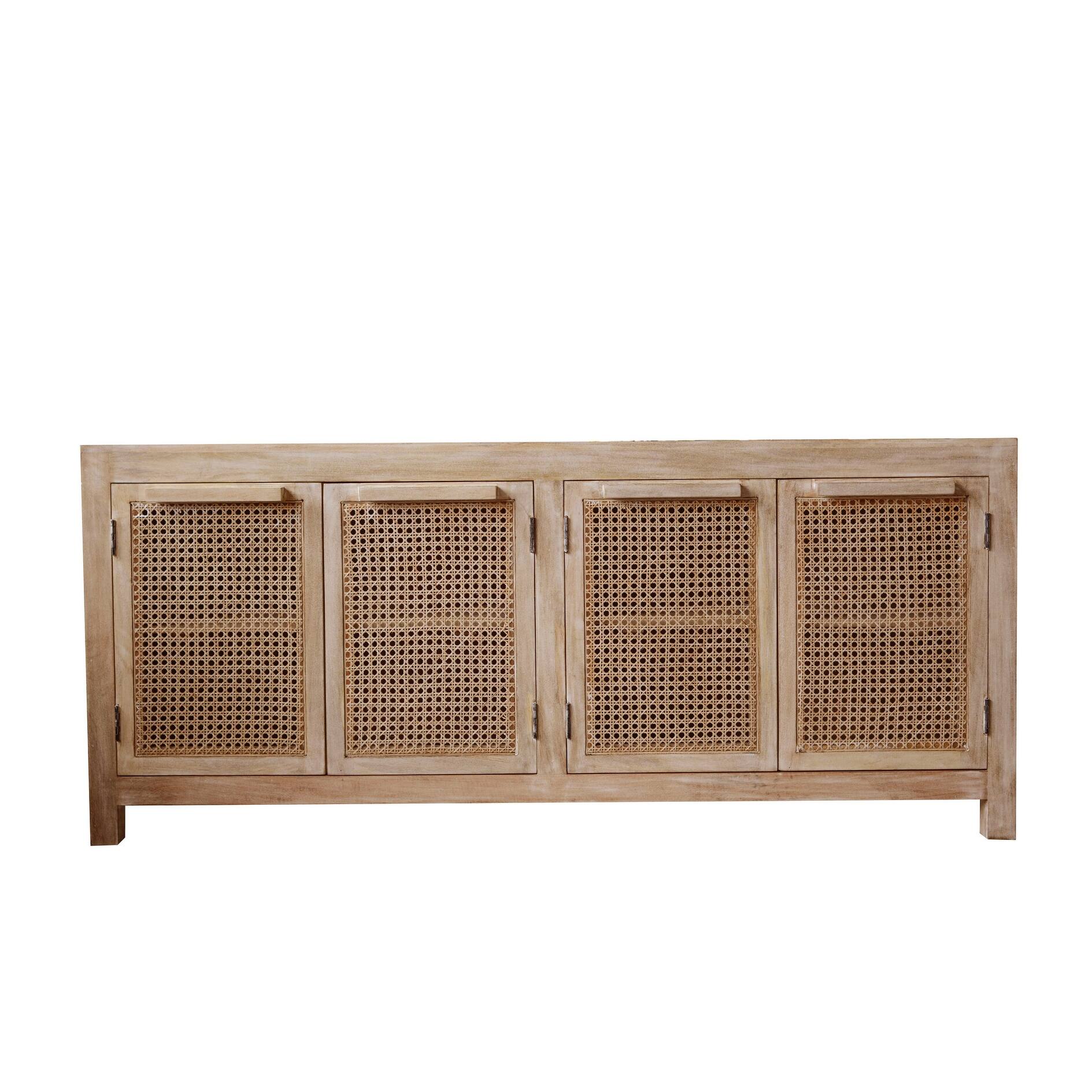 Mango Wood and Cane 4-Door Sideboard Cabinet