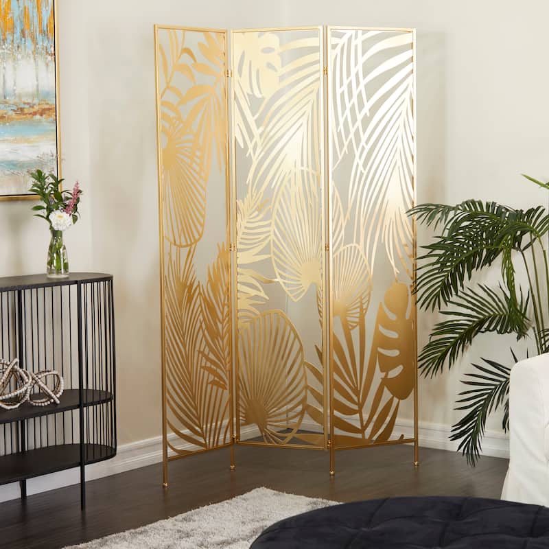 Metal Foldable Partition Cutout Palm Leaf 3 Panel Room Divider Screen - Gold - Roche River Decor - 1"Wx48"Lx71"H