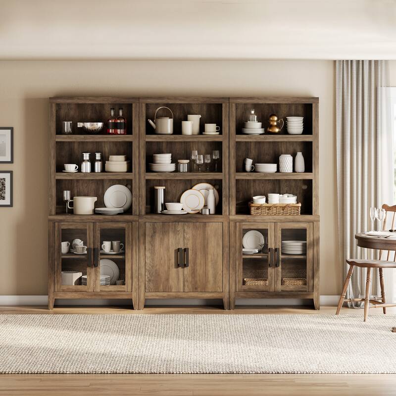 WAMPAT 74" Tall Bookshelf with Glass Doors, Farmhouse Bookcase with Open Shelves