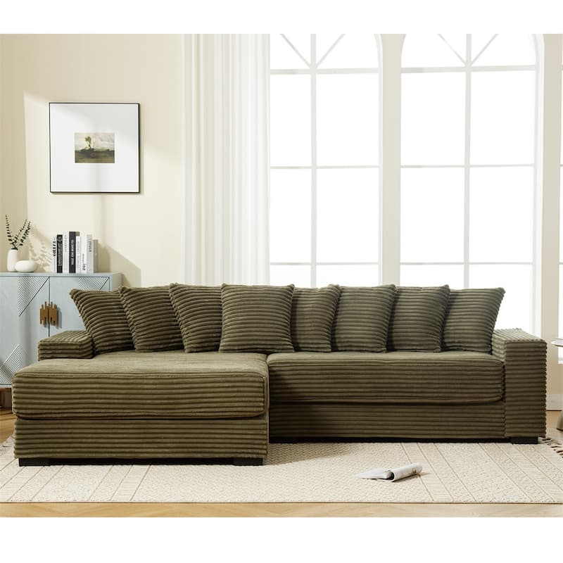 2-Piece Couches, Corduroy L-Shaped Sofa Chaise with 8 Throw Pillows