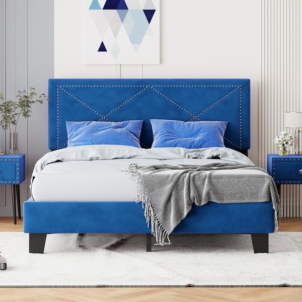 slide 2 of 6, Modern Velvet Simple Queen Size Upholstered Bed Frame with Rivet Design,Platform Bed Blue - Queen