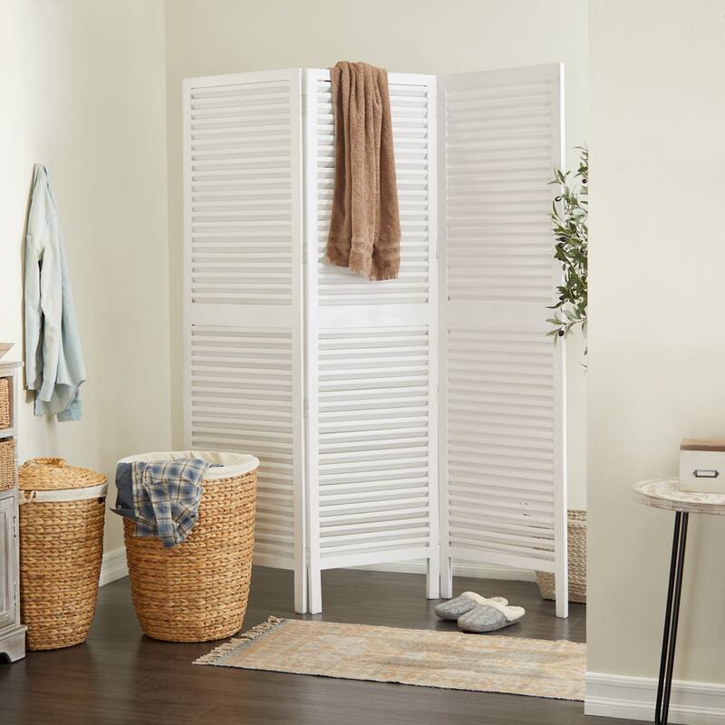 Wooden Hinged Foldable Partition 3 Panel Room Divider Screen with Horizontal Slats - White - Roche River Decor