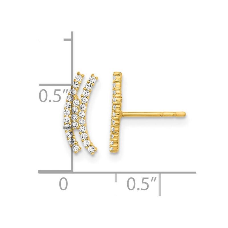 Curata 14k Gold Polished Curved Bar CZ Cubic Zirconia Post Earrings - 12x5.3mm Wide