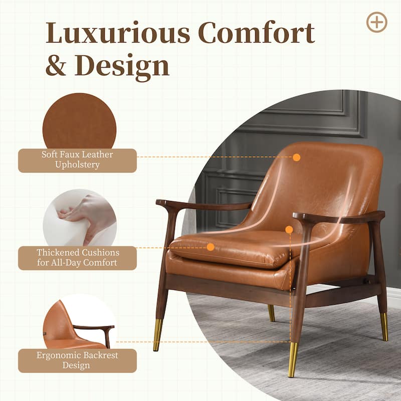 Roomfitters Mid-Century Faux Leather Accent Chair with Cushioned Seat, Solid Wood Frame and Brass-Tipped Legs
