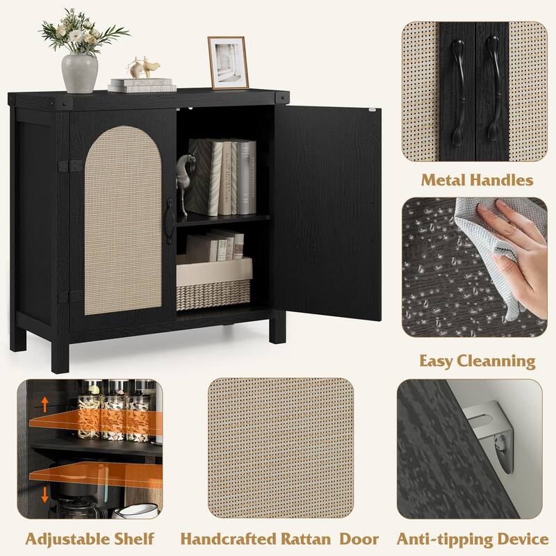 Rattan Sideboard Buffet Cabinets with Storage, Farmhouse Kitchen Accent Storage Cabinet, Boho Coffee Bar Cabinet
