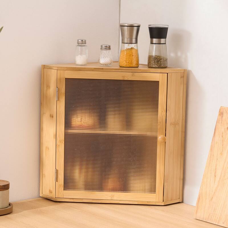 2-Tier Natural Wicker Wood Corner Bread Box for Kitchen Counter with Acrylic Door Flat Top Surface - 12.60” x 12.60” x 16.73”