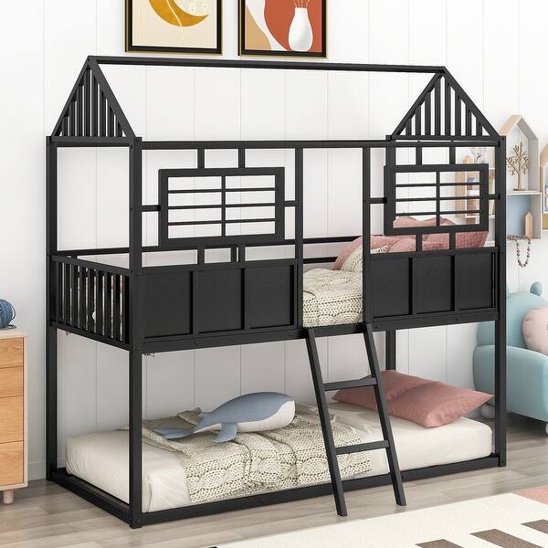 slide 2 of 9, Black Metal Twin Bunk Bed with Fence Guardrail, House Cabin Design, Built-in Ladder - Twin Size Black