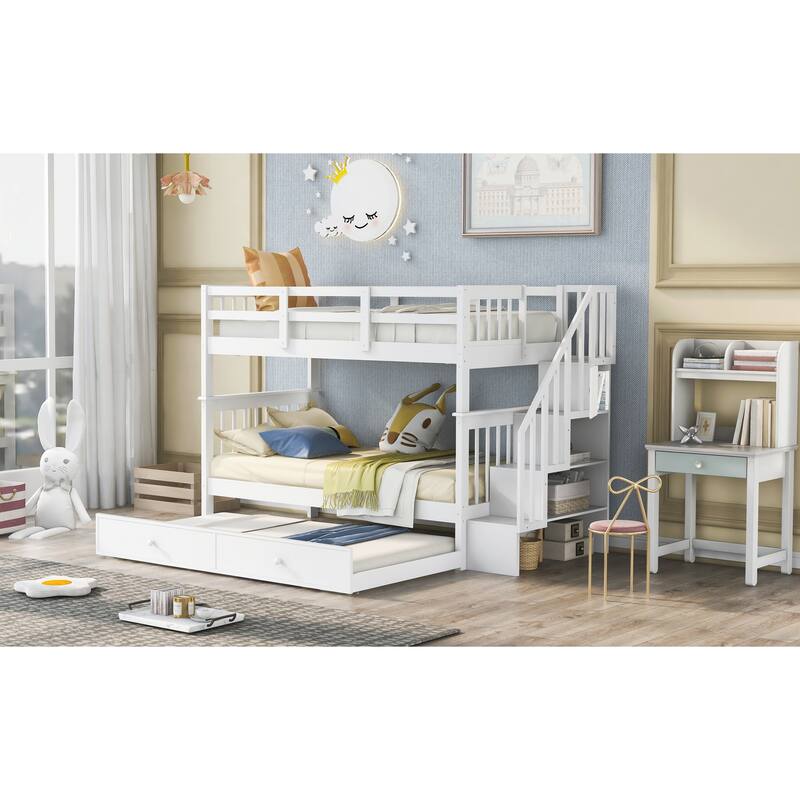 Twin-Over-Twin Bunk Bed with Trundle, White, Pinewood, Storage Shelves, No Box Spring Required
