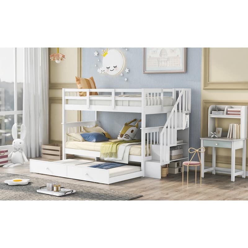 Twin-over-Twin Pine Bunk Bed with Trundle and Storage Stairs