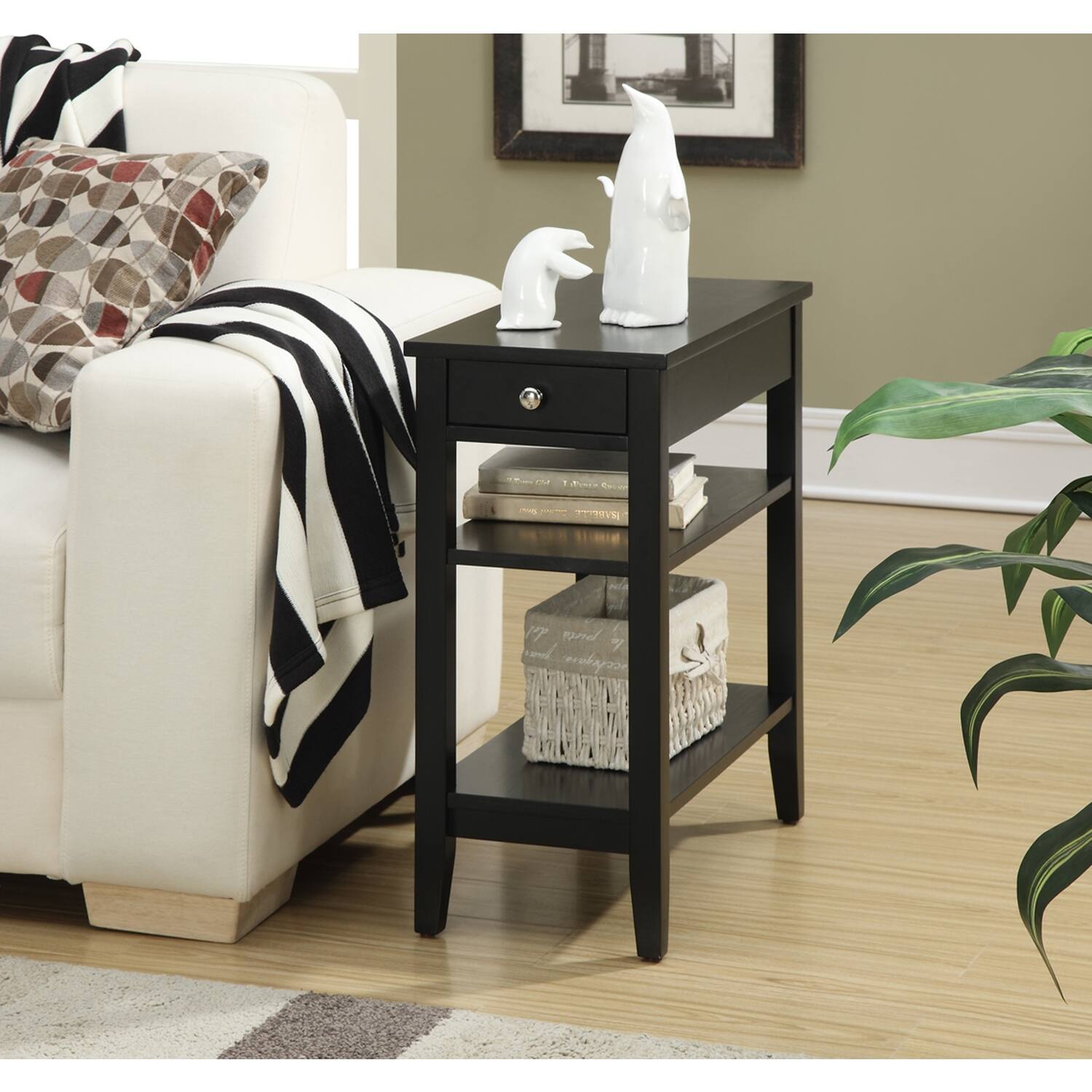 Classic 3 Tier End Table with Drawer - Living Room Accent Table, Storage Side Table - 24