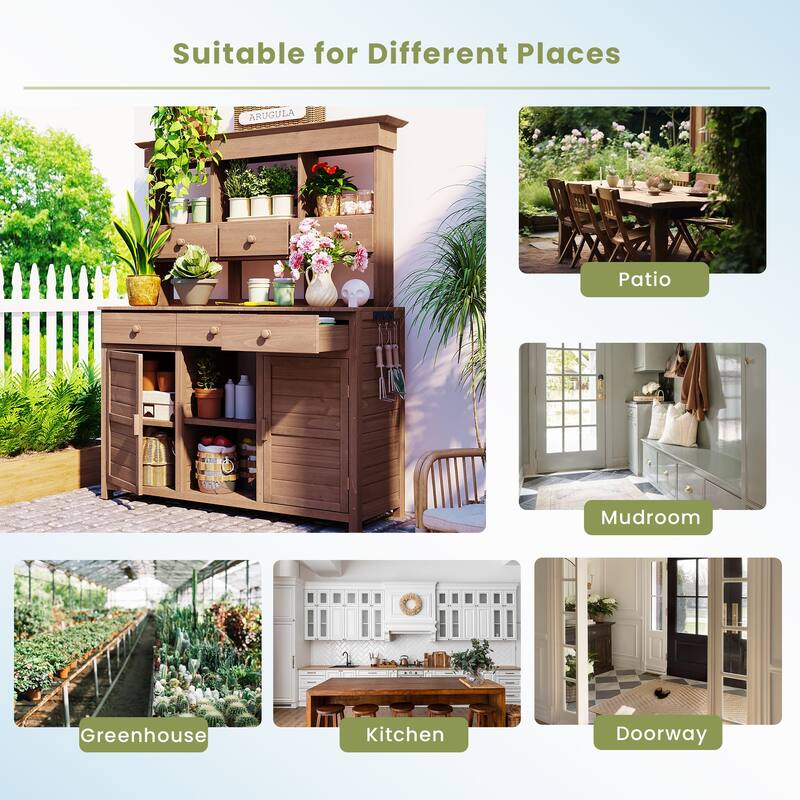 Roomfitters 65.7" Tall Garden Potting Bench Table with Hutch, 3 Shelves, 6 Drawers, 2 Cabinets and Side Hooks