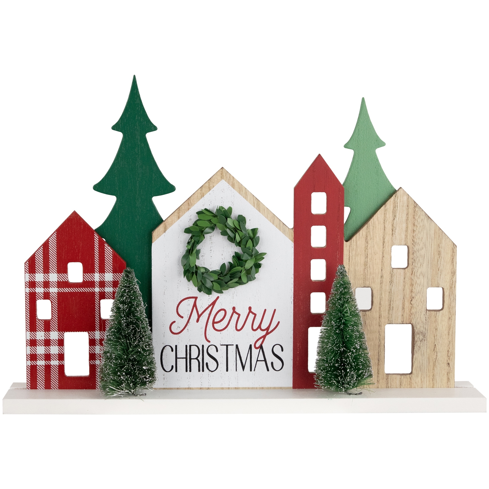 Wooden "Merry Christmas" Houses With Trees Decoration 15" Red Green