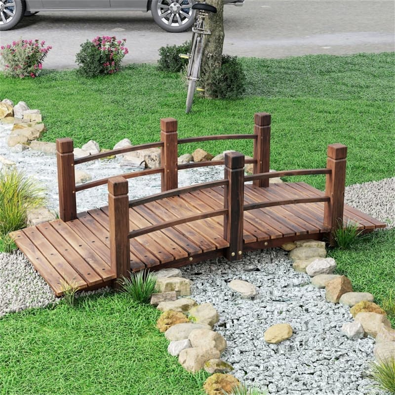 Solid Fir Wood Curved Garden Bridge with Side Rails for Gardens Ponds and Walkways Stained Finish 505 lbs Capacity