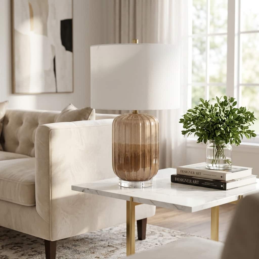 Round Ceramic Ribbed Table Lamp with Linen Shade - 25" - 24.25"
