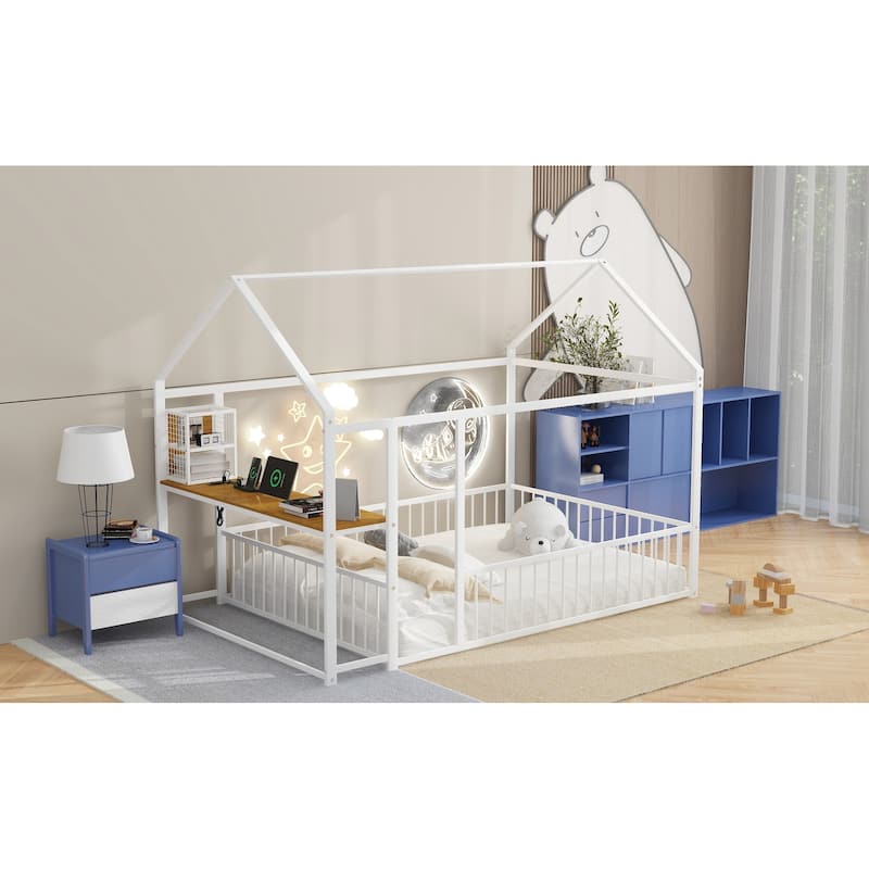 Full Size Metal House Platform Bed Frame with Built-In Desk, USB Charging And Storage Shelves