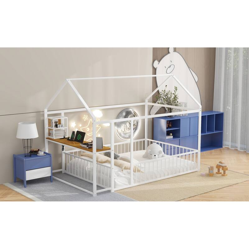 House Bed with Desk and Storage - Twin/Full Metal Frame with USB Ports, Power Outlets, and Shelves