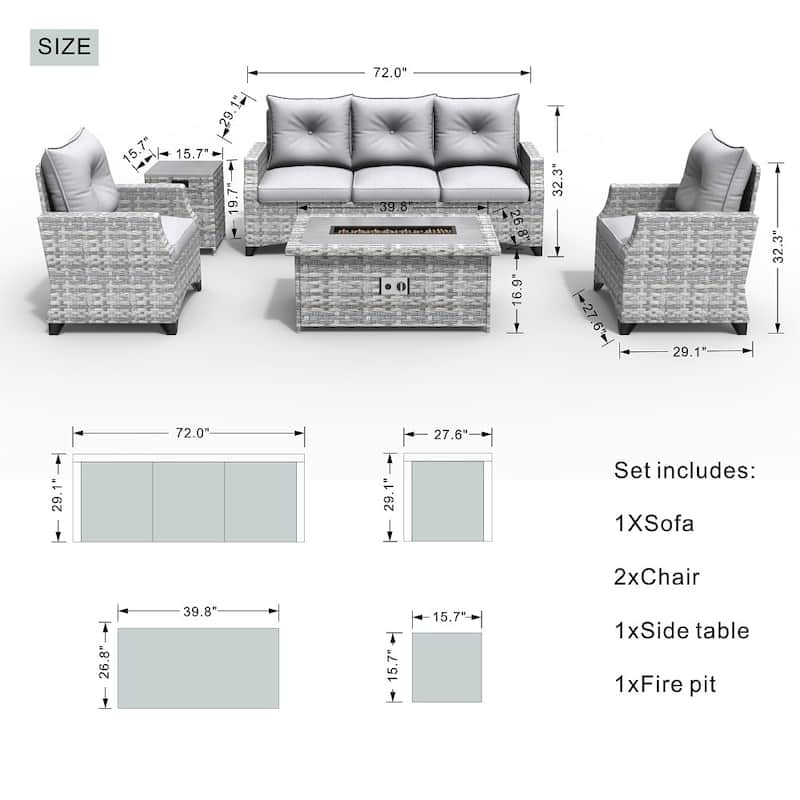Abrihome 5-piece Wicker Patio Furniture Sofa Set with Gas Fire Pit