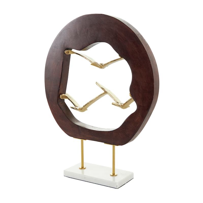 Gold Aluminum Metal Bird Sculpture with Brown Wooden Frame and Marble Base