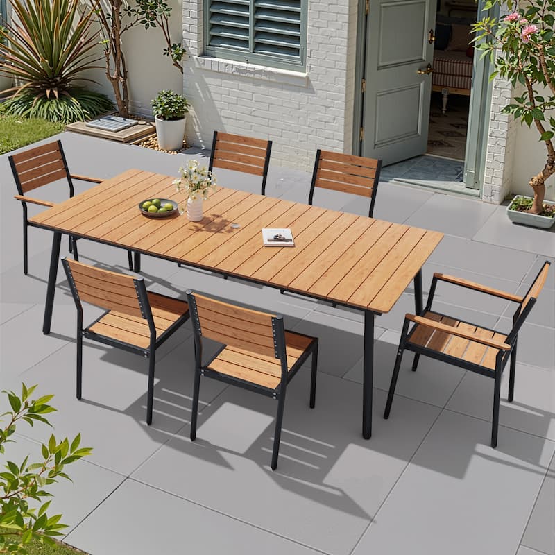 VredHom 7/9-Piece Outdoor Patio Aluminum Dining Table with Stackable Chairs Umbrella Hole