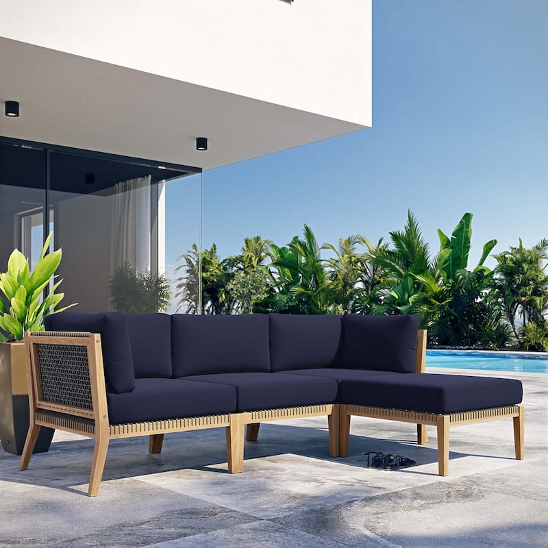 Clearwater Outdoor Patio Teak Wood 4-Piece Sectional Sofa - Gray Navy