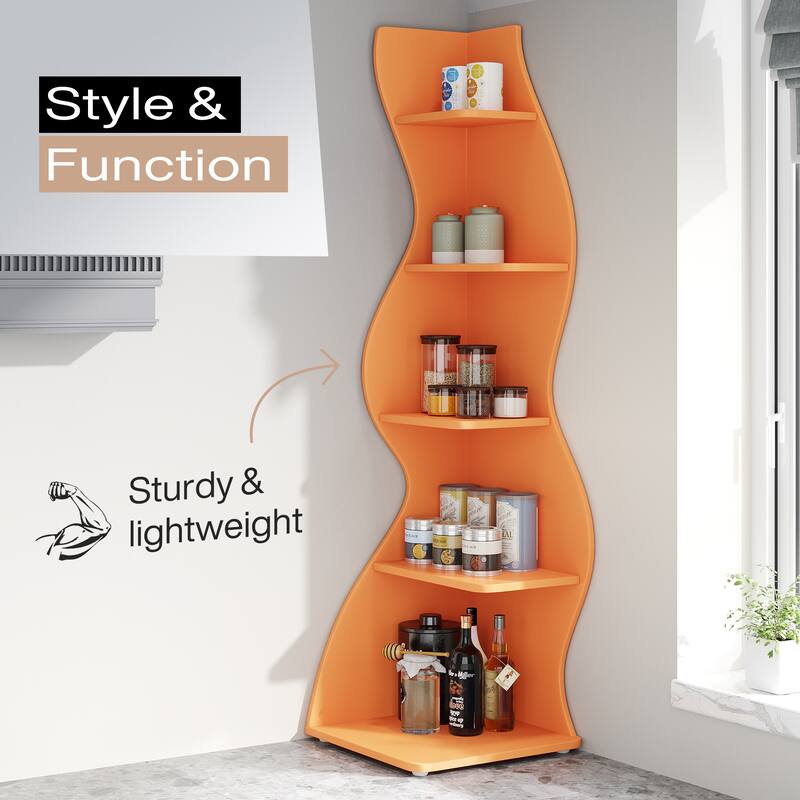 Modern Wood Corner Shelf, 5-Tier Bookshelf Bookcase for Living Room