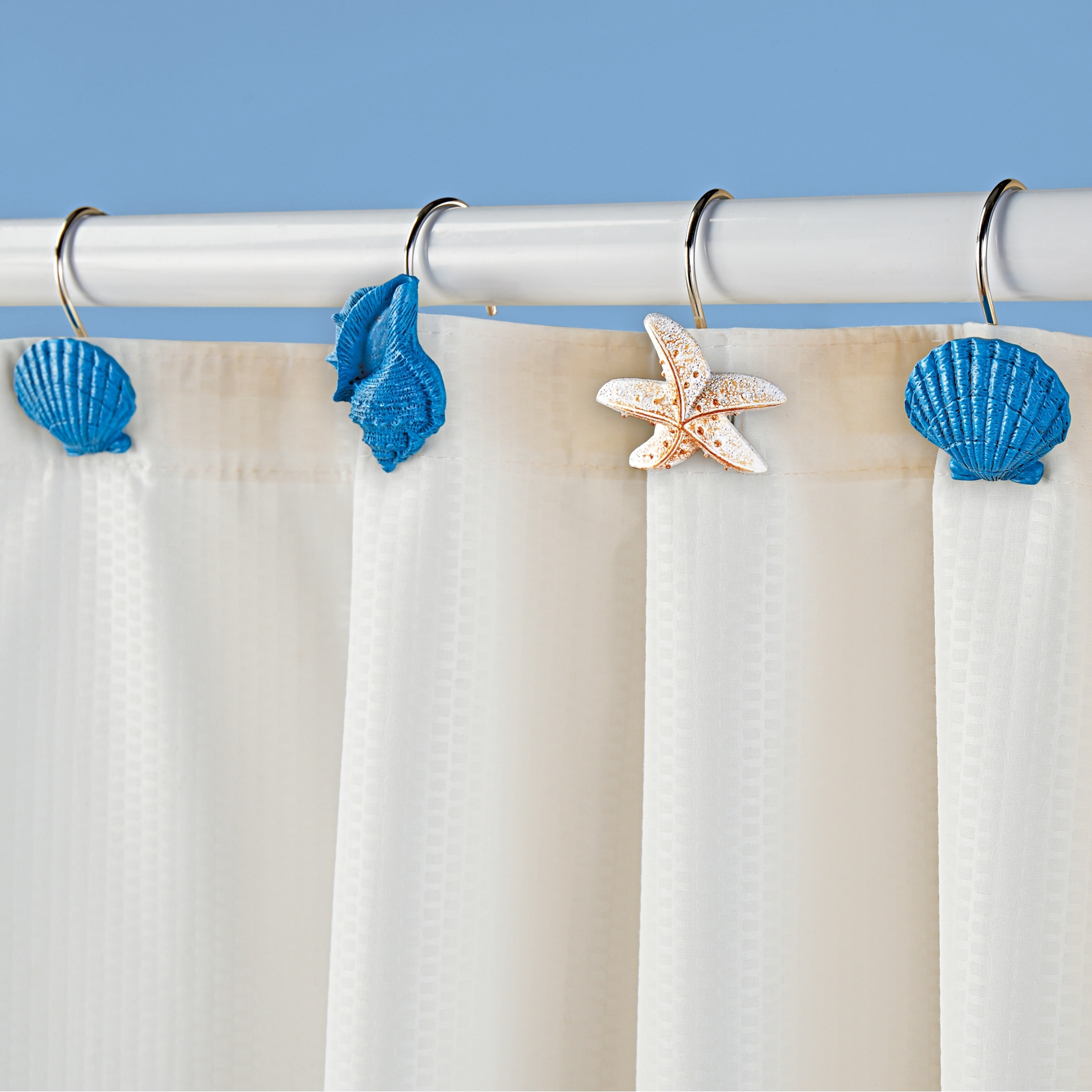 Blue and White Seashell Shower Hooks - Set of 12