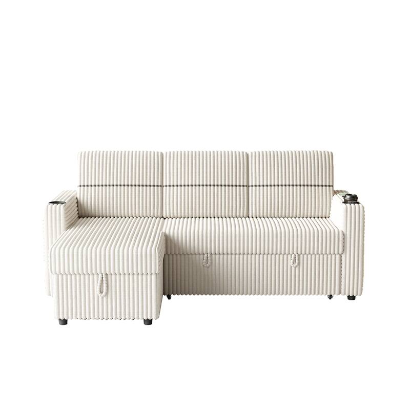 3-Seater Sleeper Sofa Bed with Corduroy Fabric, Storage Chaise, USB Charger, and Cup Holders