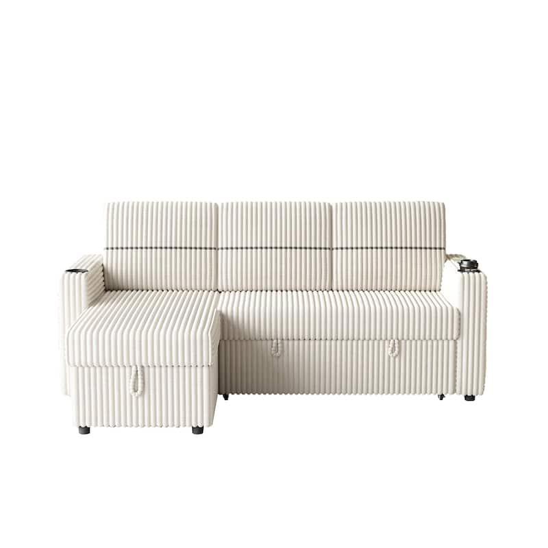 85" Corduroy 3-Seater Sleeper Sofa with Storage Chaise, USB Charging and Cup Holders