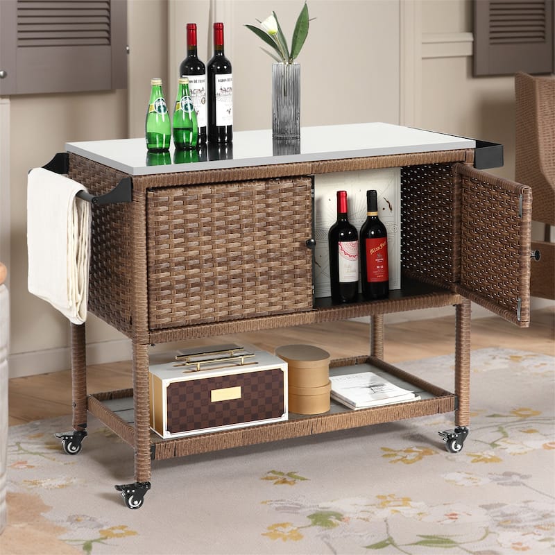Rolling Rattan Bar Cart with Stainless Steel Table Top for Garden