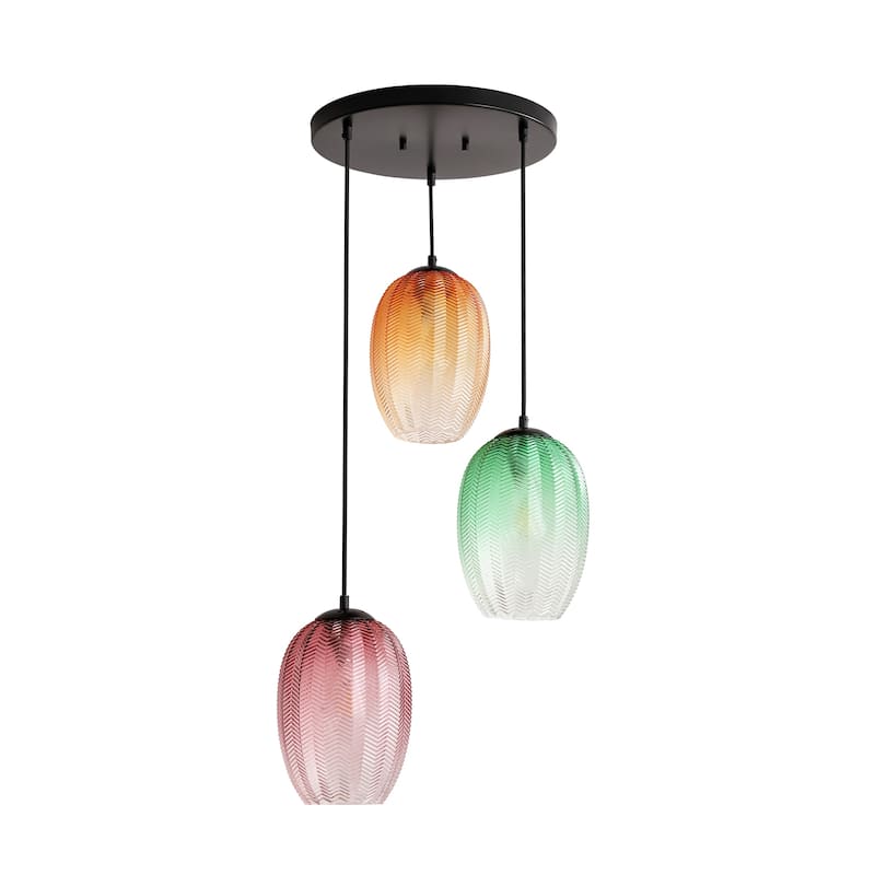 1/3-Light Modern Black Cylinder Colored Textured Gradient Glass Pendant Light for Kitchen Island or Stairway