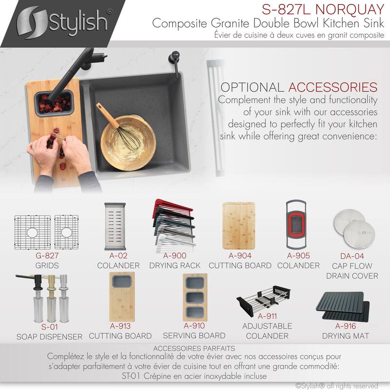 STYLISH 27 inches L x 18 inches W Double Bowl 60/40 Dual Mount Composite Granite Kitchen Sink - 27" x 18" x 9.5"