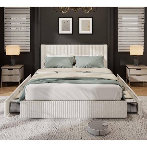 Modern Bed Frame with Tufted Wingback Headboard, Platform Corduroy Upholstered Bed Frame with 4 Storage Drawers - Beige - King