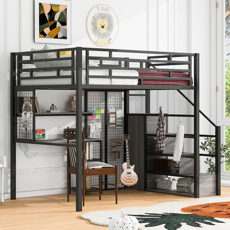 Full Size Metal Loft Bed with Wardrobe, Built-in Wood Tabletop Desk, Storage Shelves and Storage Stairs for Bedroom