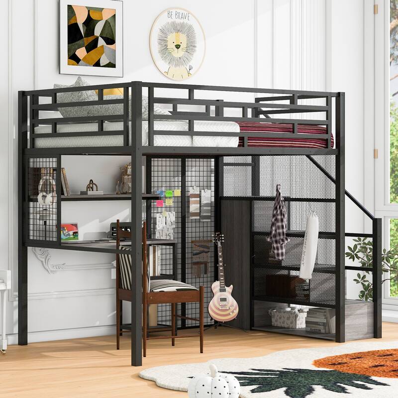 Roomfitters Full Size Metal Loft Bed with Wardrobe, Desk and Open Storage Shelf Unit, Black - Black - Full