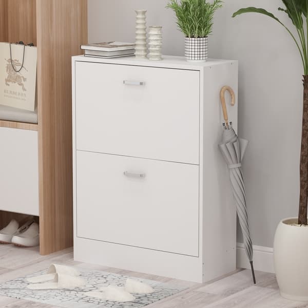 slide 2 of 15, 23.6"W Trendy Shoe Storage Cabinet with 2 Large Fold-Out Drawers White