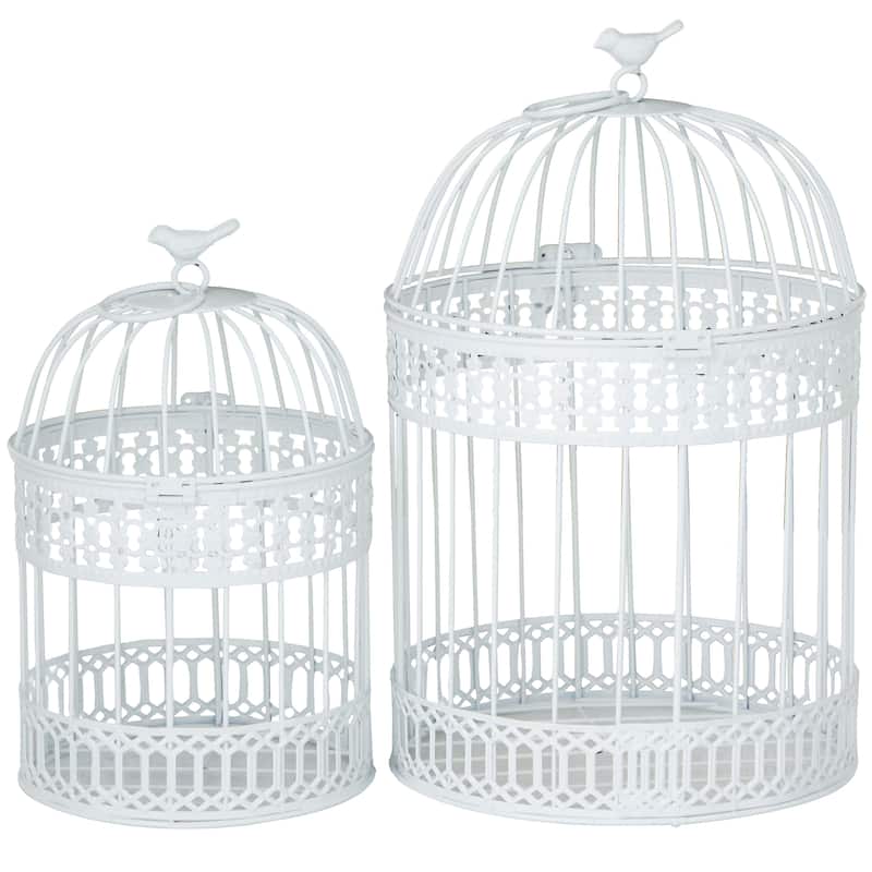 White Metal Bird Decorative Birdcage with Latch Lock Closure and Hanging Hook (Set of 2)