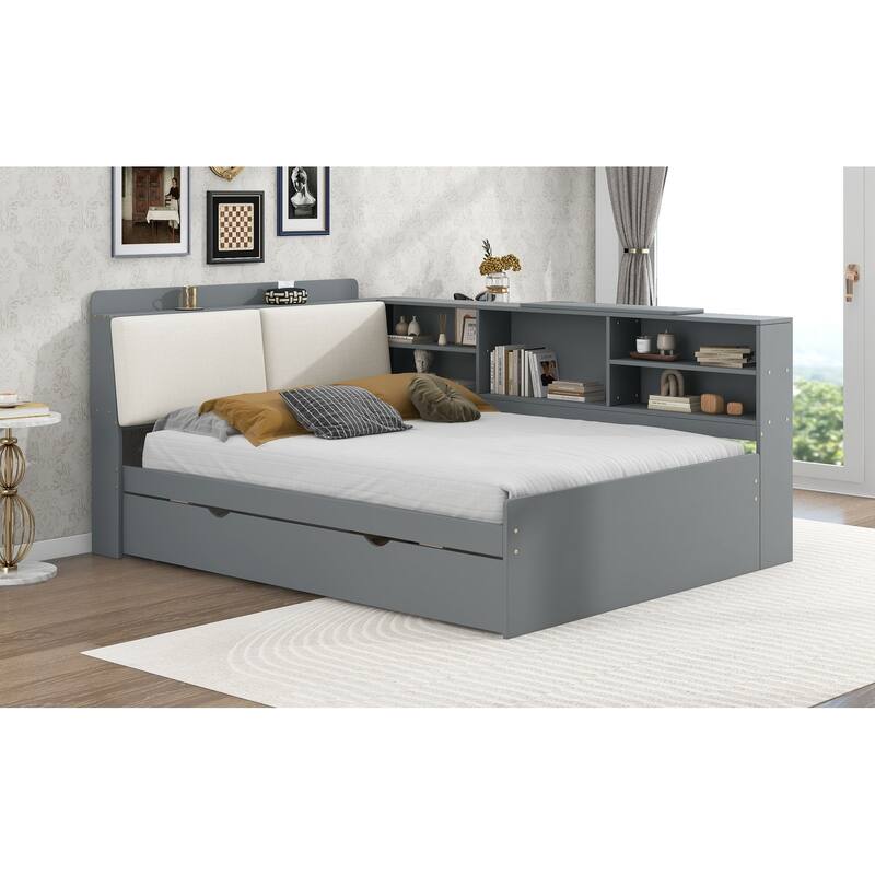 Full Size Wood Platform Bed with Trundle, Storage Headboard, Built-in Shelves, Upholstered Backrest, and Rotatable Board