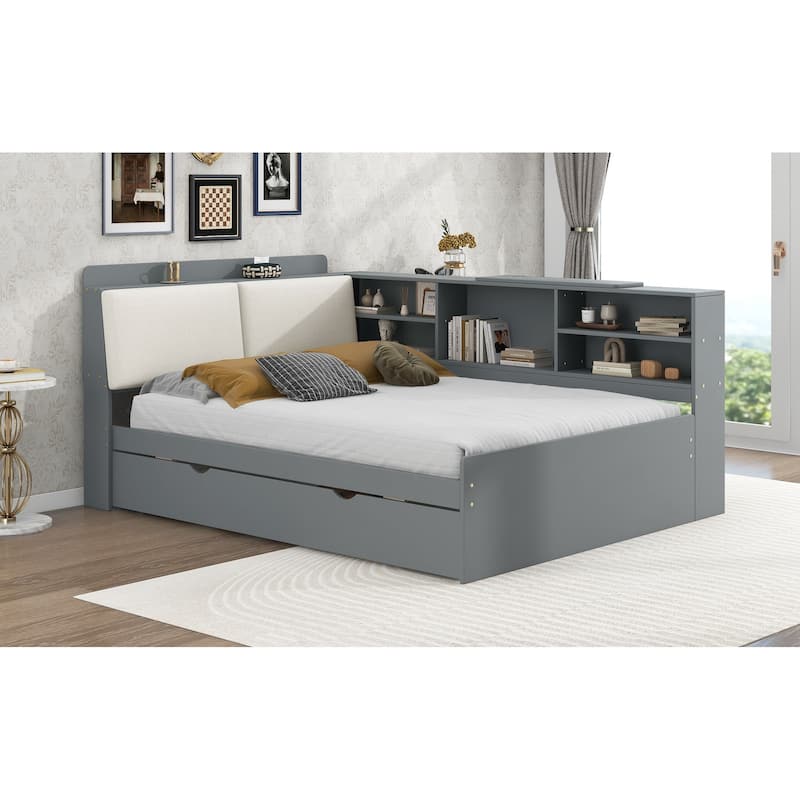 Roomfitters Full Wood Platform Bed with Trundle, Storage Headboard and Functional Display Shelves