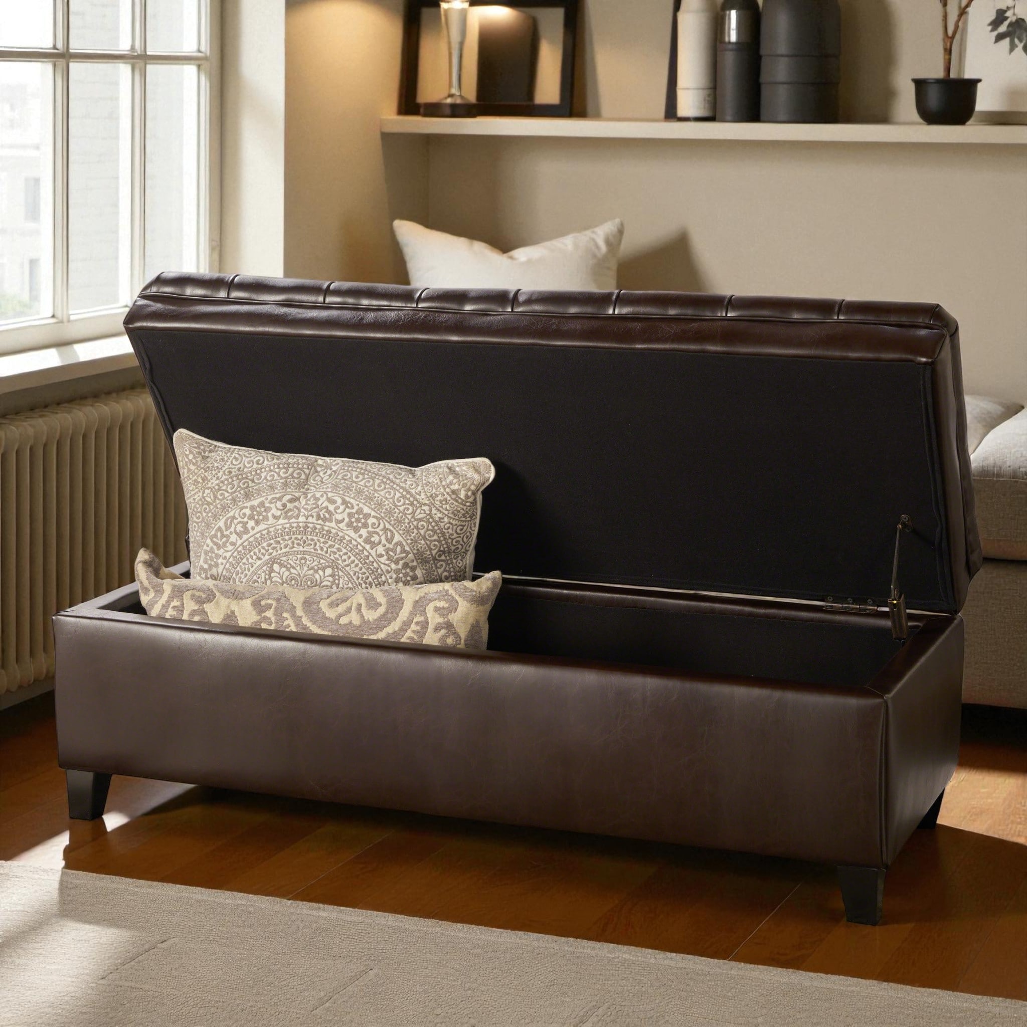 Upholstered Storage Ottoman Bench with Lift-Top Lid, Tufted Living Room Coffee Table Seat, 50 Inch Entryway Storage Chest